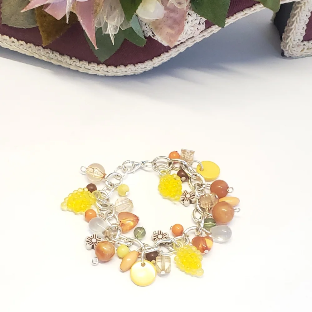 Autumn Flower Yellow Grapes Beaded Charm Bracelet